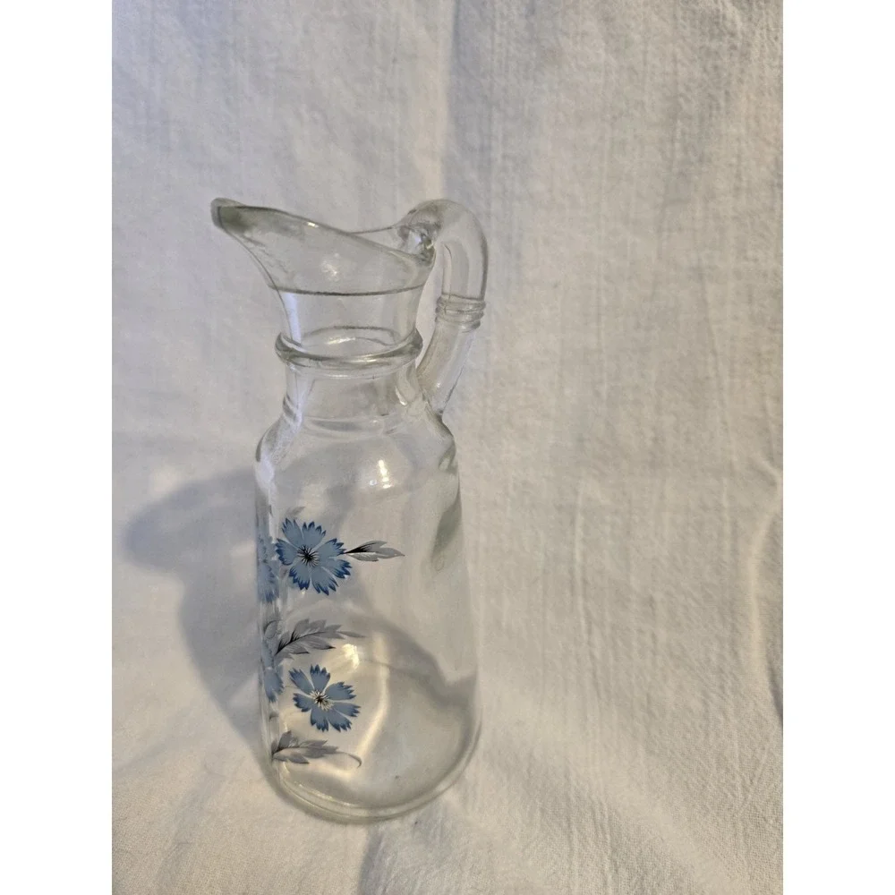 Vintage Farmhouse Glass Blue Floral Vinegar or Oil Cruet Syrup Pitcher‎ Small